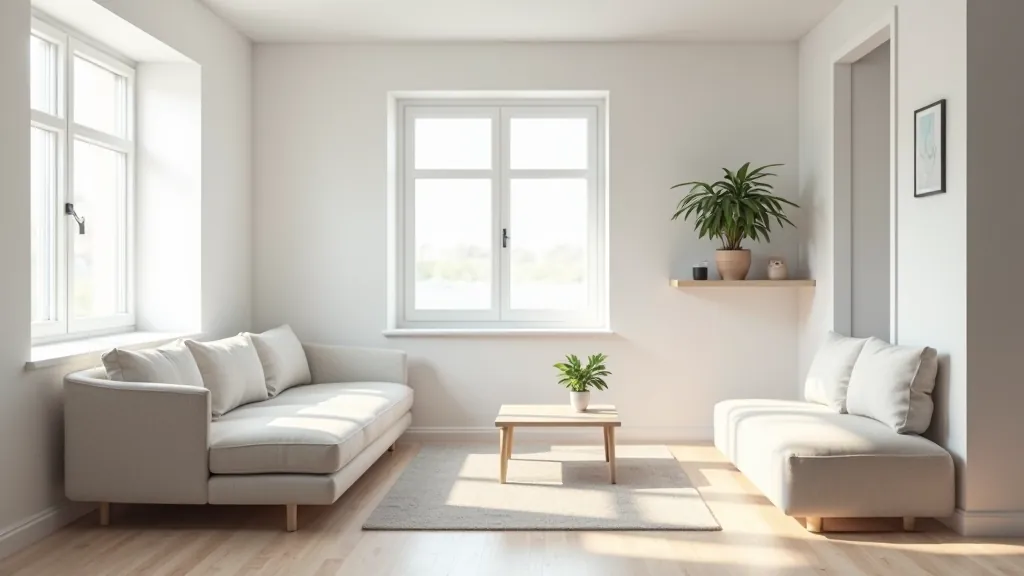 Before and after view of decluttered living room with minimal furniture, clean surfaces, and thoughtfully selected decorative items
