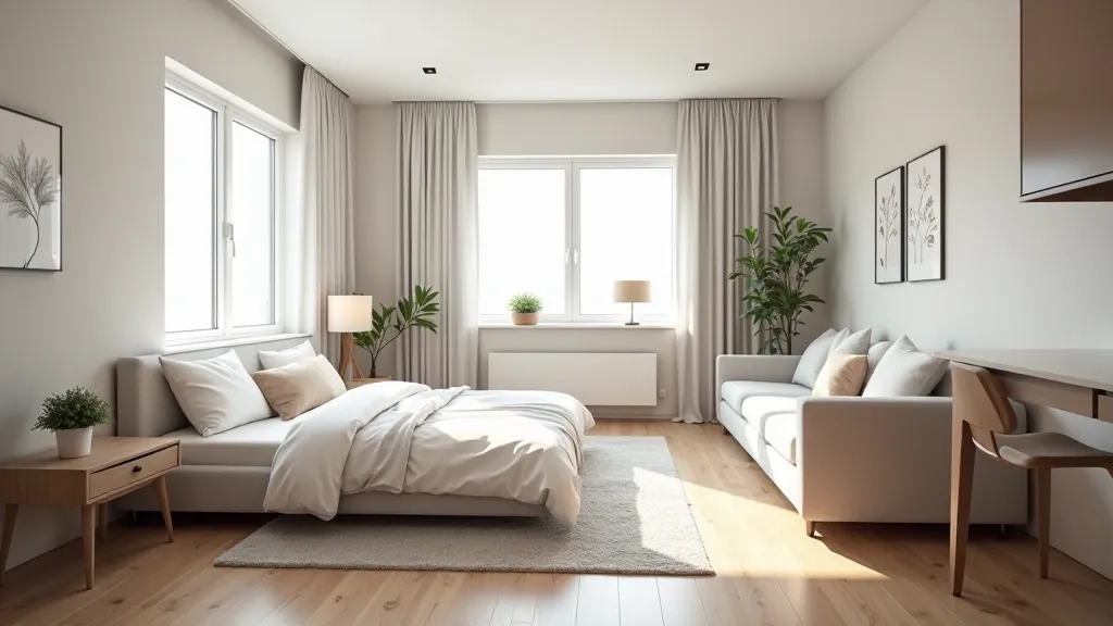 Small apartment layout diagram showing three distinct zones: kitchen with counter, living room with sofa and rug, and bedroom corner with bed against wall