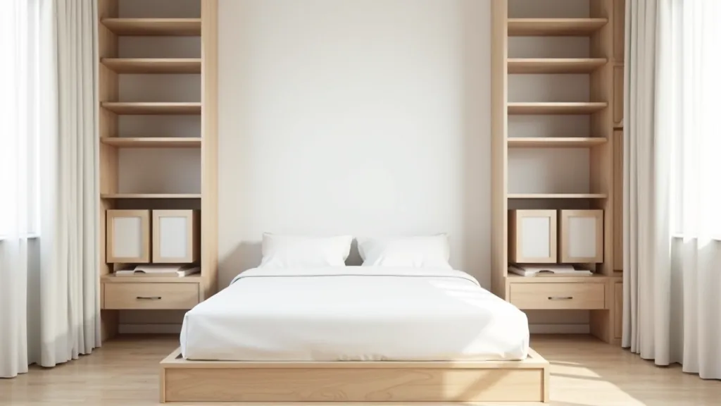 Small bedroom with bed framed by floor-to-ceiling shelving units on both sides, maximizing vertical storage
